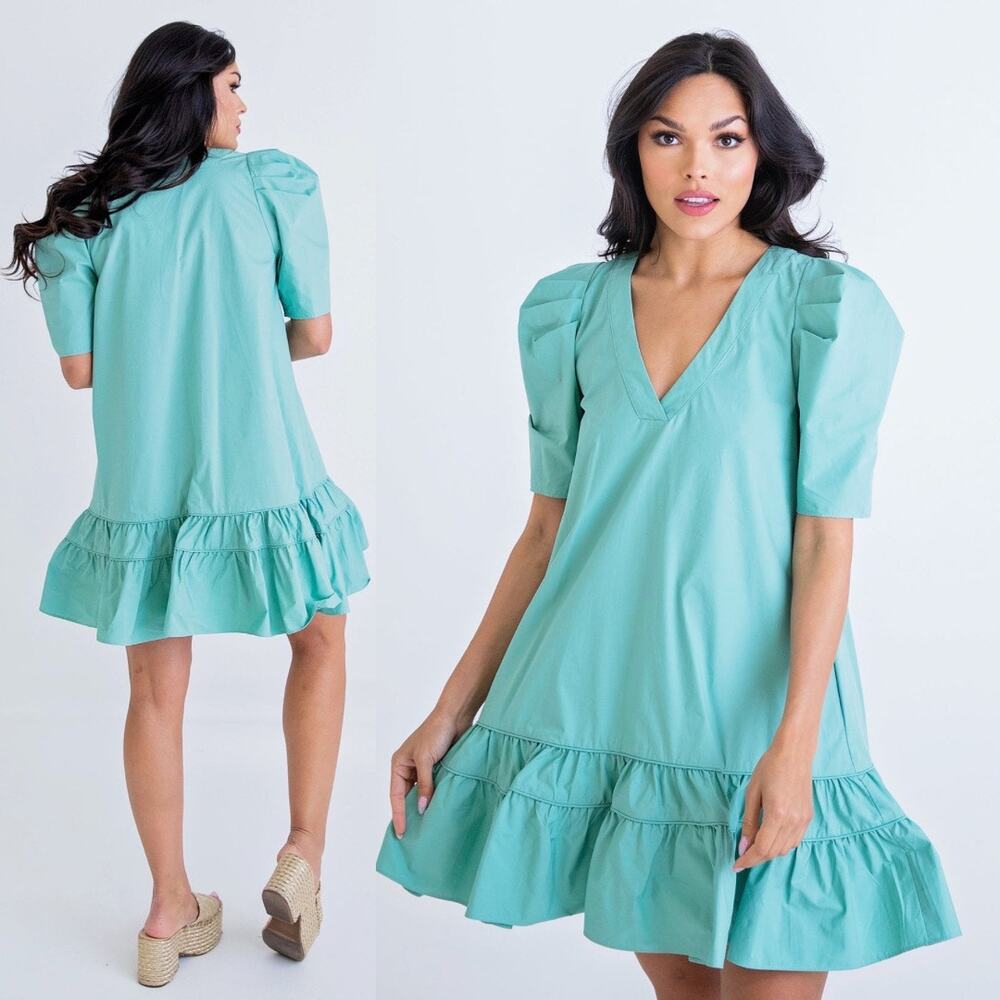 Karlie Jade V Neck Puff Sleeve Dress Coastal Chic Preppy Size Small